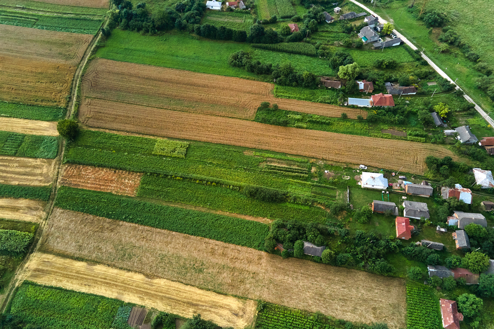 aerial-landscape-view-village-houses-distant-green-cultivated-agricultural-fields-with-growing-crops-bright-summer-day